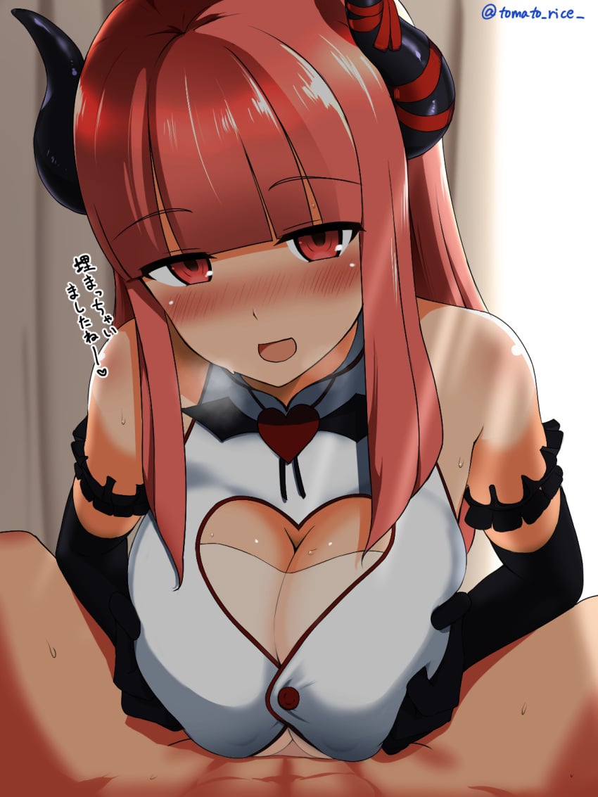 1boy artist_name bangs bare_shoulders black_gloves blunt_bangs blush breast_squeeze breasts breath cleavage cleavage_cutout clothed_female_nude_male demon_girl demon_horns elbow_gloves eve.ch eve_valerne eyebrows_visible_through_hair female gloves heart heart_cutout highres horns indie_virtual_youtuber large_breasts light_rays looking_at_viewer nose_blush nude open_mouth paizuri paizuri_under_clothes pov see-through shirt sleeveless sleeveless_shirt smile solo_focus succubus tomato_rice virtual_youtuber