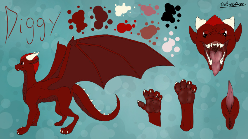 ass diggy dragon feet fingers fur horn male male_focus male_only model_sheet muzzle_(disambiguation) open_mouth paws penis slit solo tapered teeth thejoyfuldragon toes tongue wings