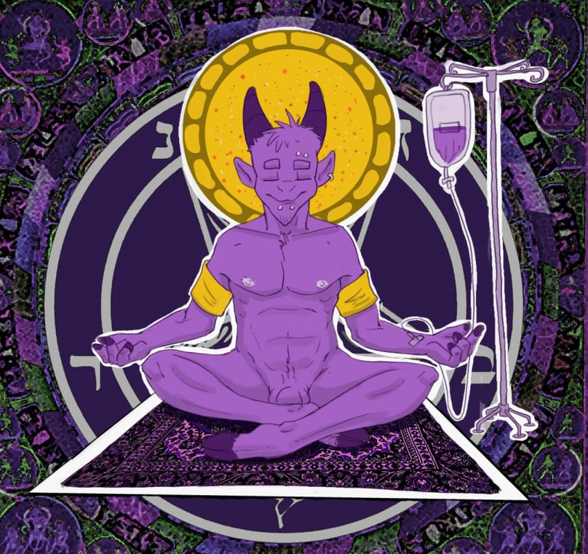 closed_eyes cross-legged flaccid goat hooves horns intravenous_drip inverted_pentagram lotus_position male male_only meditating meditation nude penis pentagram purple_body satyr sitting solo solo_male tagme trollingas