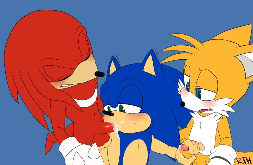 3boys anthro balls black_nose blue_background blue_eyes blue_fur blush canine chest_tuft closed_eyes cum cum_in_mouth cum_inside cum_on_penis cumdrip cumshot echidna fellatio fox gay gloves green_eyes group group_sex handjob hedgehog interspecies knuckles_the_echidna looking_pleasured male male_only mammal masturbation monotreme mostly_nude multiple_boys multiple_males multiple_penises oral red_balls red_fur red_penis rokkerth sega signature simple_background sonic_(series) sonic_the_hedgehog standing sucking tails team_sonic threesome tuft white_gloves yaoi yellow_fur yellow_penis