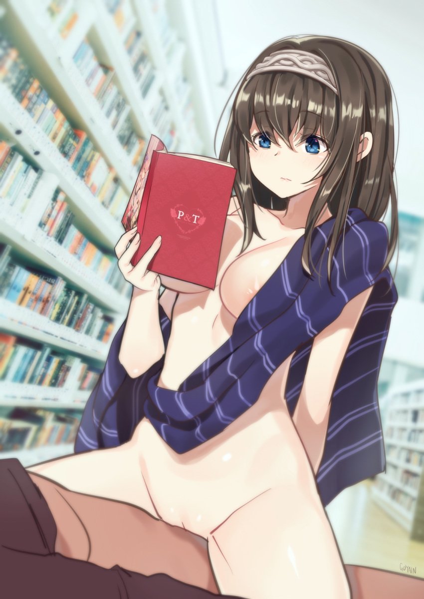 areola_slip areolae bangs black_hair blue_eyes blurry book bookshelf breasts cowgirl_position cowgirl_position depth_of_field expressionless eyebrows_visible_through_hair female goyain hairband highres holding holding_book idolmaster idolmaster_cinderella_girls large_breasts long_hair sagisawa_fumika sex shawl solo_focus straddling straight vaginal_penetration