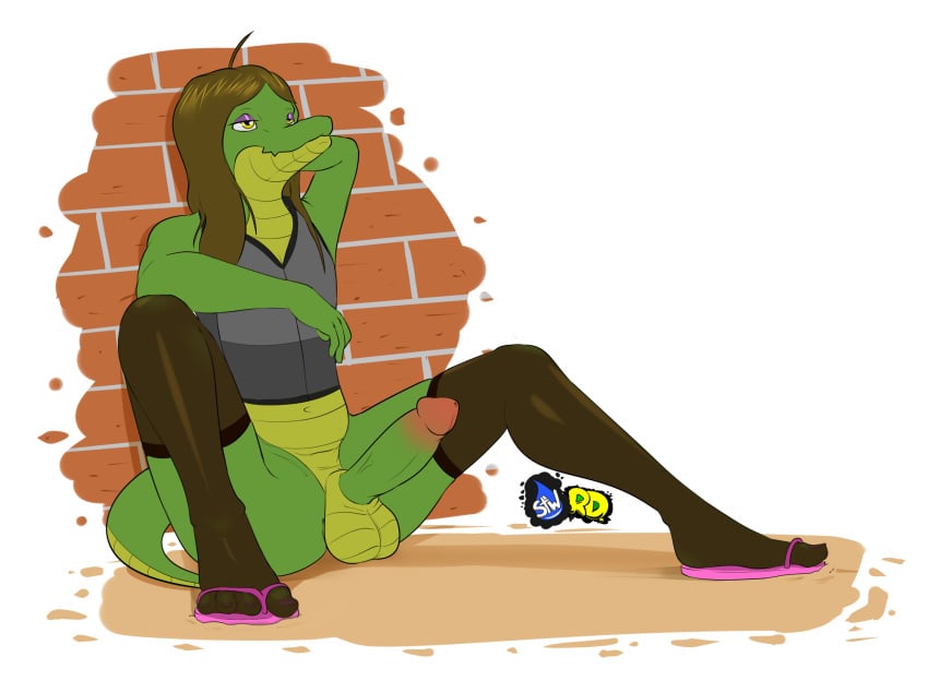 2018 alligator anthro balls brown_hair clothing crocodilian dr_zombie feet femboy girly green_skin hair legwear male panties penis reptile russie scalie solo stockings underwear yellow_eyes