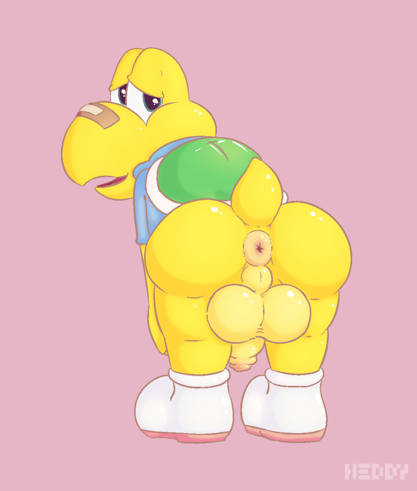 anthro anus ass balls bent_over big_balls bottomless clothed clothing erection footwear green_eyes half-closed_eyes heddy hoodie koopa_troopa koops looking_at_viewer looking_back male male_only mario_(series) nintendo open_mouth paper_mario penis perineum plaster puffy_anus reptile scalie shell shoes simple_background solo standing turtle video_games