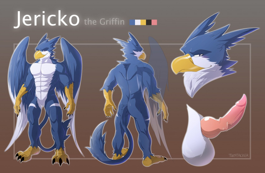 1boy 5_fingers anthro avian balls beak feathers gryphon jericko male male_only model_sheet nude penis solo twstacker wings