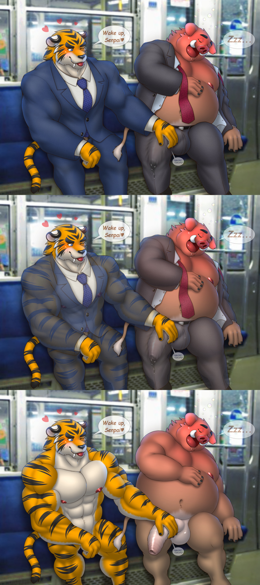 anthro balls boar boner bulge clothed clothing erection feline hand_on_penis interval male male_only mammal open_shirt overweight penis porcine public_transportation sleeping tiger uncut yaoi