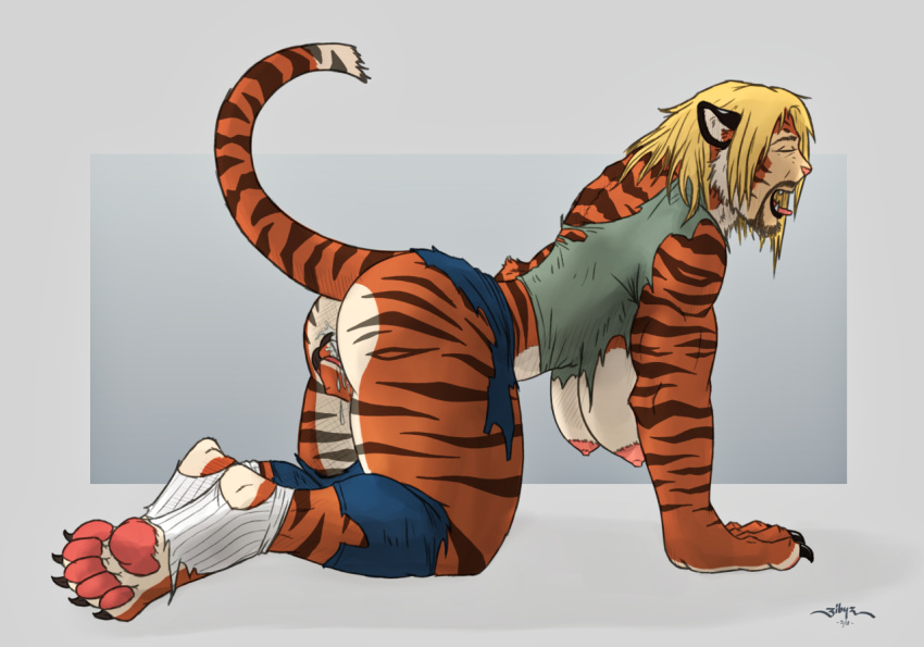 2018 all_fours anthro ass big_breasts blacktigerr blonde_hair breasts closed_eyes clothing feline female gender_transformation hair human_to_anthro mammal masturbation nipples open_mouth pussy_juice simple_background solo tiger tongue tongue_out torn_clothing transformation