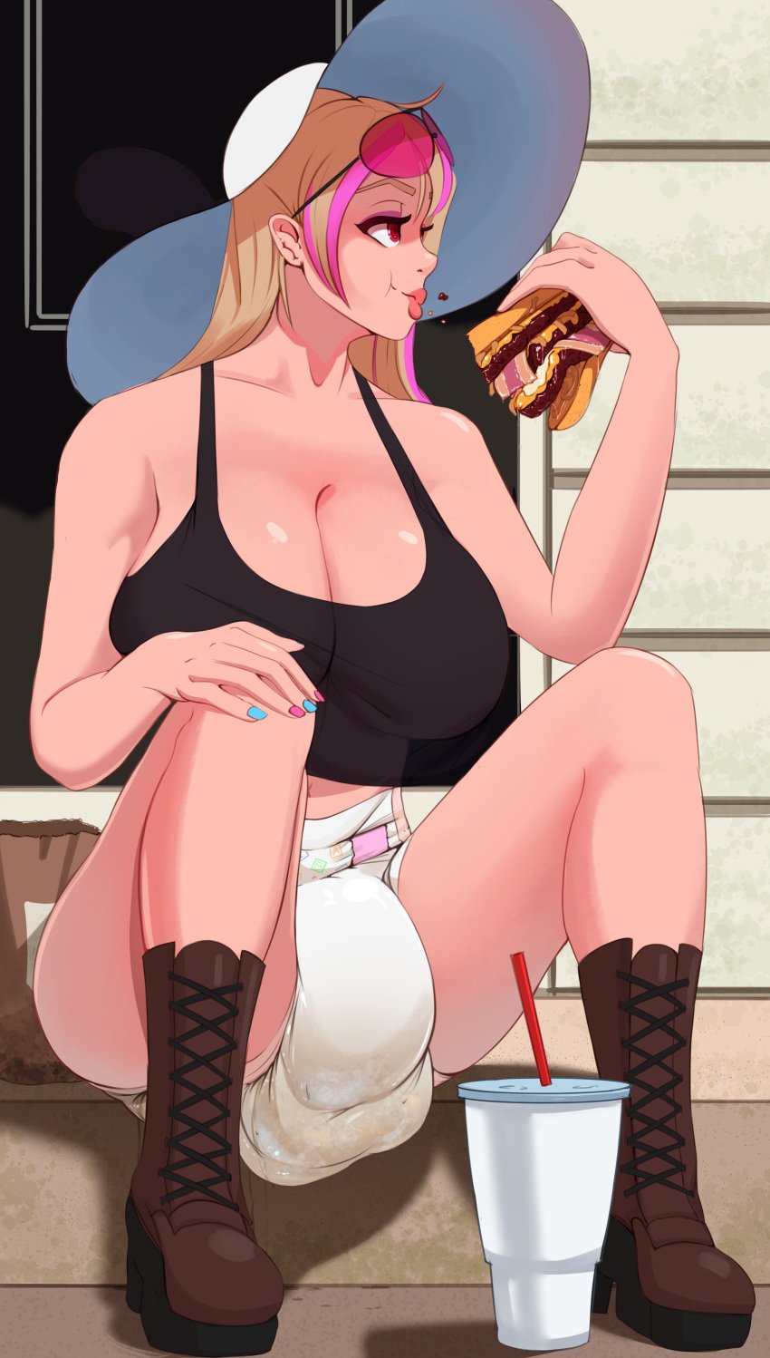 1girls big_breasts blonde_hair breasts cleavage diaper eating female food glasses hat huge_breasts messy_diaper milkriot milky_(milkriot) original original_character scat soiling solo squatting sun_hat