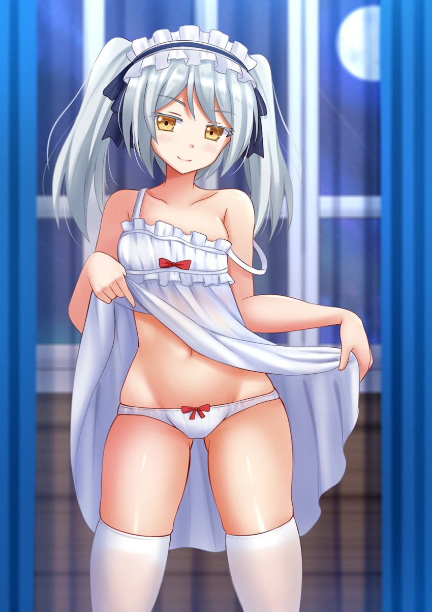 headdress isekai_wa_smartphone_to_tomo_ni. kneehighs leen_(isekai_wa_smartphone_to_tomo_ni.) lingerie skirt_lift twintails white_dress white_hair white_panties white_topwear yellow_eyes