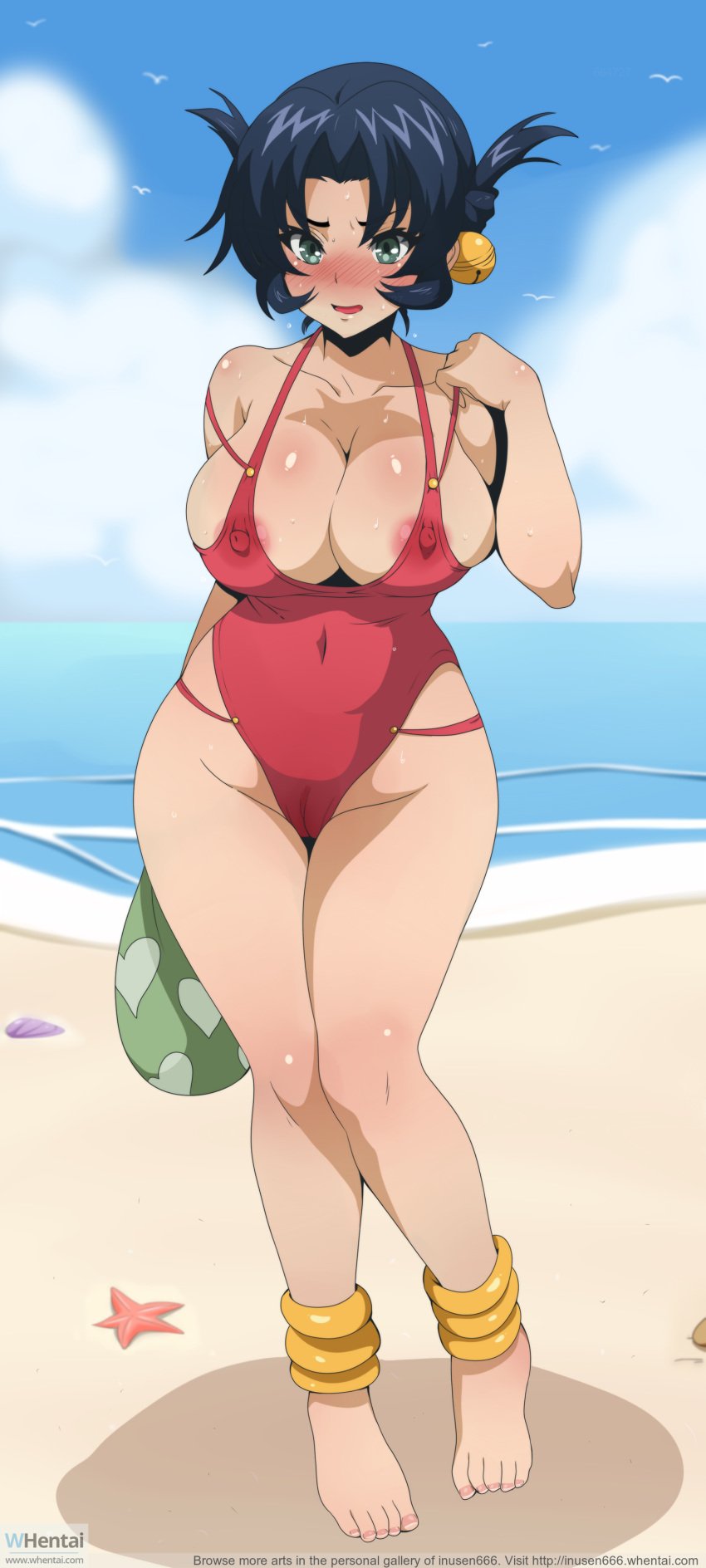 1girls beach blue_hair blush breasts erect_nipples female female_only history's_strongest_disciple_kenichi inusen large_breasts ma_renka nipple_slip nipples open_mouth shijou_saikyou_no_deshi_ken'ichi solo swimsuit