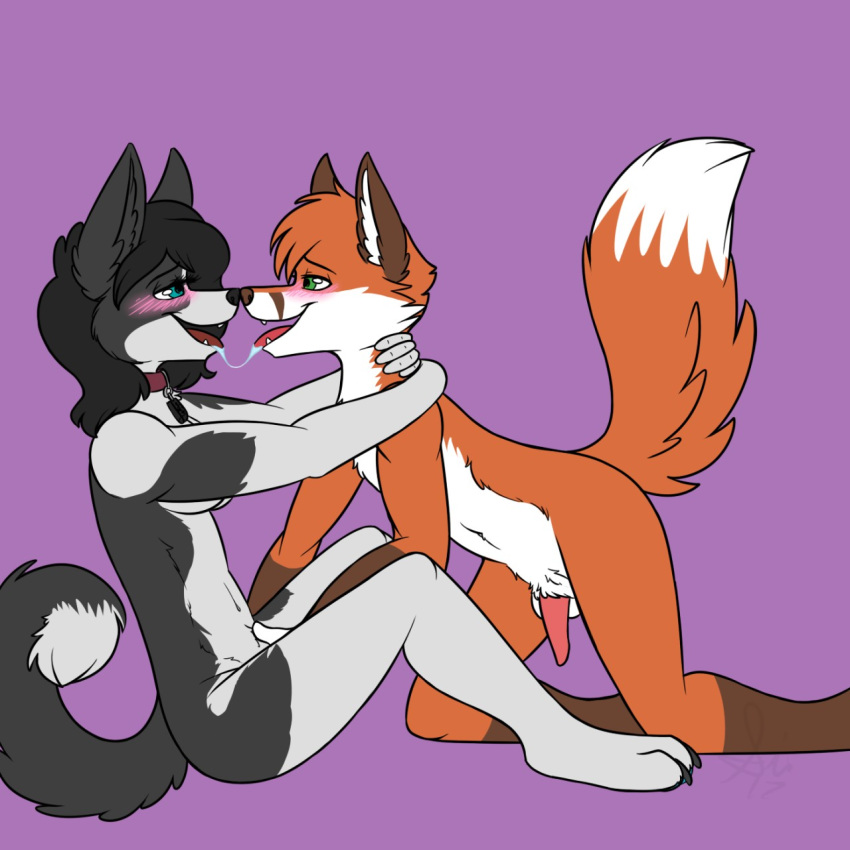 2018 anthro balls blush canine collar duo female fox incest male mammal mother mother_and_son nude open_mouth parent penis raised_tail saliva saliva_string sinligereep sitting son straight