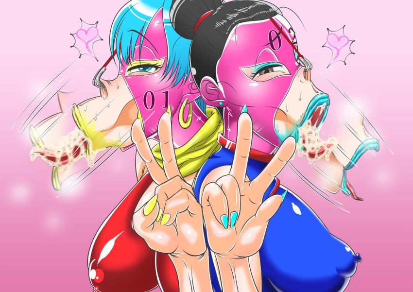 2girls :>= air_fellatio alternate_version_available bare_shoulders big_breasts big_lips bimbo black_eyes black_hair blue_hair blue_lipstick blush bulma_briefs chichi china_dress cum cum_in_mouth cumdrip dragon_ball dragon_ball_z duo ear_piercing earrings erect_nipple erect_nipples eyelashes eyeshadow fellatio female female_only front_view gesture hair_bun heart hoop_earrings human licking lipstick lipstick_mark long_tongue looking_at_viewer makeup mask mature milf mother multiple_females multiple_girls nail_polish nipple_bulge nose_hook open_mouth piercing runny_makeup shiny shiny_skin short_hair sideboob simple_background sweat thick_lips tied_hair tongue_out v yellow_lipstick zxcv