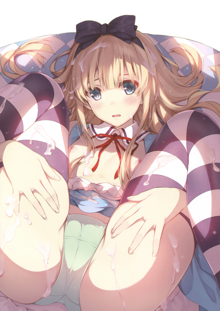 alice_in_wonderland alice_liddell breasts cameltoe comic_aun cum dress misaki_kurehito nipples no_bra open_shirt pantsu thighhighs