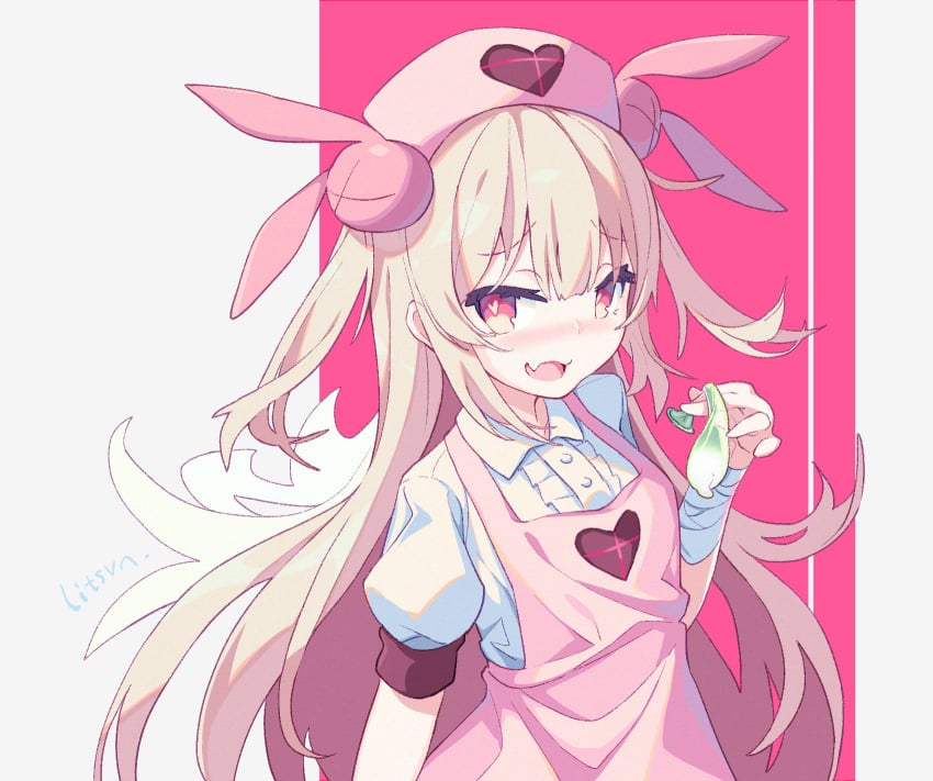 >_< :d apron artist_name bandage bandaged_arm bangs blonde_hair blush bunny_hair_ornament center_frills collared_shirt commentary condom cum eyebrows_visible_through_hair female frills hair_between_eyes hair_ornament hand_up heart heart-shaped_pupils highres holding holding_condom light_brown_hair litsvn long_hair looking_at_viewer natori_sana nose_blush nurse oerba_yun_fang open_mouth pink_apron puffy_short_sleeves puffy_sleeves rabbit red_eyes sana_channel shirt short_sleeves smile solo symbol-shaped_pupils symbol_commentary two_side_up used_condom very_long_hair virtual_youtuber white_shirt