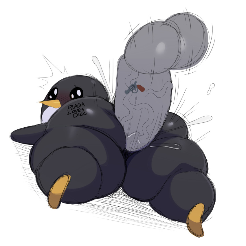 ambiguous_gender ambiguous_penetration ass avian balls beak big_butt bird blush body_writing disembodied_penis gun male male/ambiguous penetration penguin penis plaga_penguin ranged_weapon sex simple_background sssonic2 teapot_(body_type) thick_thighs weapon