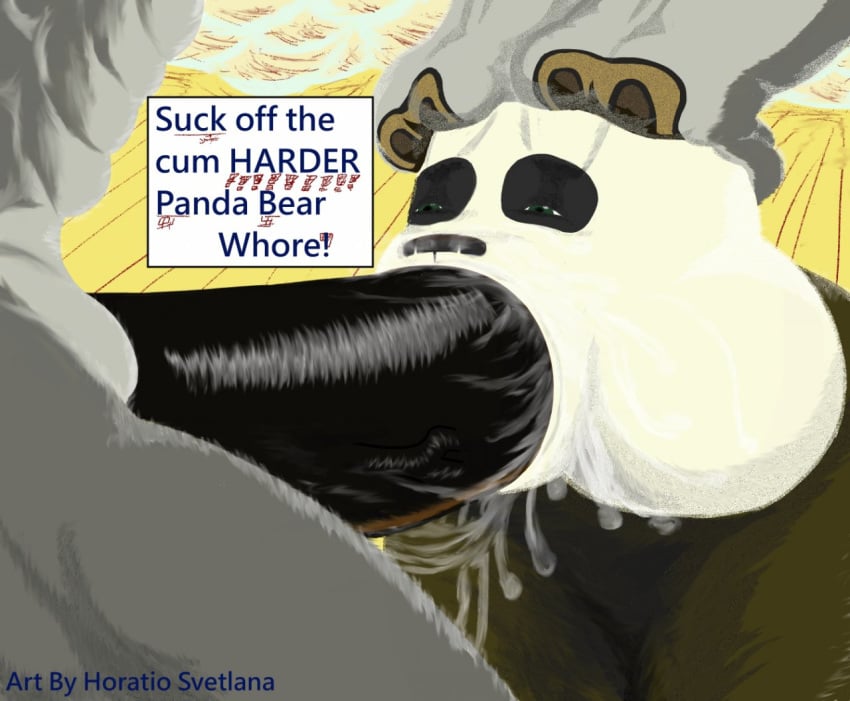 2013 anthro bear big_penis black_fur cheek_bulge claws cum cum_in_mouth cum_inside cum_on_face cum_on_penis dialogue duo english_text erection feline fellatio forced forced_oral fur green_eyes grey_fur horatio_svetlana hyper hyper_penis kung_fu_panda leopard male male_only mammal multicolored_fur oral oral_penetration panda penetration penis po sex snow_leopard tai_lung_(kung_fu_panda) text two_tone_fur vein veiny_penis white_fur yaoi