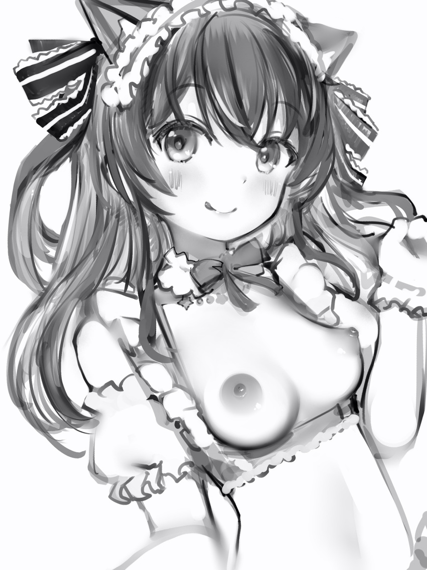 :q animal_ears blush bow bowtie breasts cat_ears character_request copyright_request female female frilled_ribbon frills greyscale hair_ribbon hairband highres indoors long_hair looking_at_viewer medium_breasts monochrome nanashi_(nlo) navel nipples nude ribbon simple_background smile solo tongue tongue_out upper_body white_background