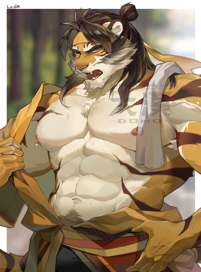 1boy 2023 abs accessory angry_eyes anthro areola barazoku belt big_pecs black_ears blurred_background bodily_fluids border bottomwear brown_body brown_fur brown_hair chest_tuft clothed clothed_anthro clothed_male clothing crotch_tuft detailed facial_markings fangs felid forest fur fur_markings hair hair_bun head_markings headband hi_res long_hair looking_at_viewer luodejun male male_only mammal manly markings mostly_nude mostly_nude_anthro mostly_nude_male multicolored_body multicolored_ears multicolored_fur muscular muscular_anthro muscular_male navel nipples one_eye_closed open_mouth pantherine pants pecs pink_nose pink_tongue plant portrait round_ears sharp_teeth shirt signature solo standing sweat sweaty_arms sweaty_body sweaty_chest sweaty_face sweaty_fur sweaty_nipples sweaty_pecs teeth tiger tongue topwear towel towel_on_shoulder tree tuft undressing vein watermark white_body white_border white_ears white_fur wood yellow_body yellow_ears yellow_eyes yellow_fur