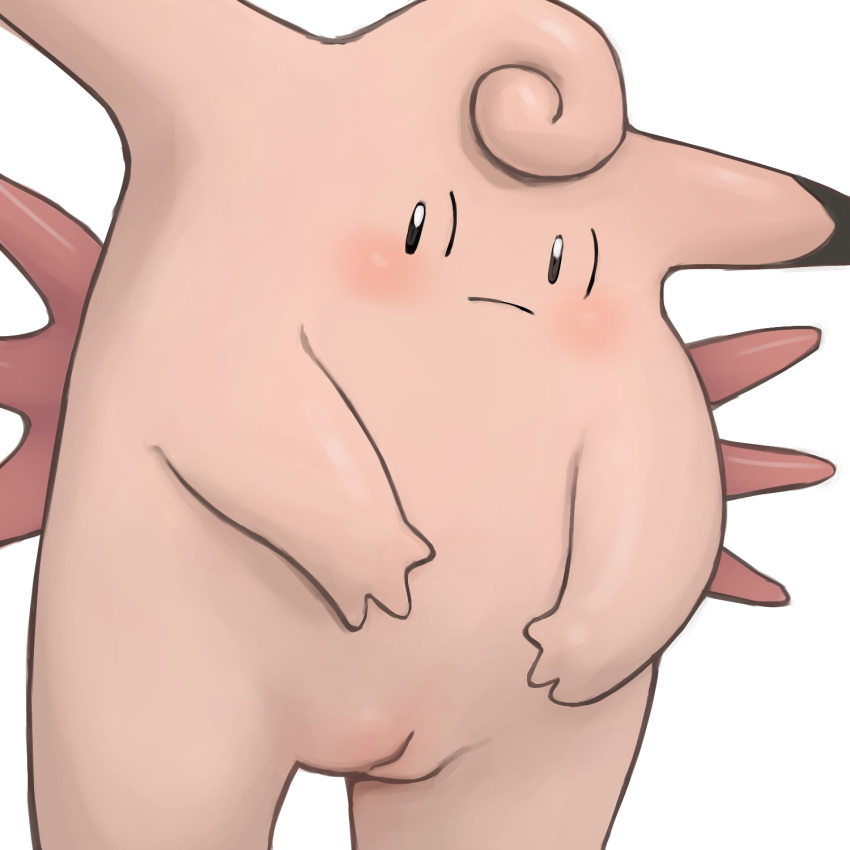 black_eyes blush clefable fairy female female_only highres innie_pussy nintendo no_humans pink_skin pokemon pokemon_(species) pokemon_rgby pussy simple_background slightly_chubby solo standing uncensored white_background wings youjomodoki