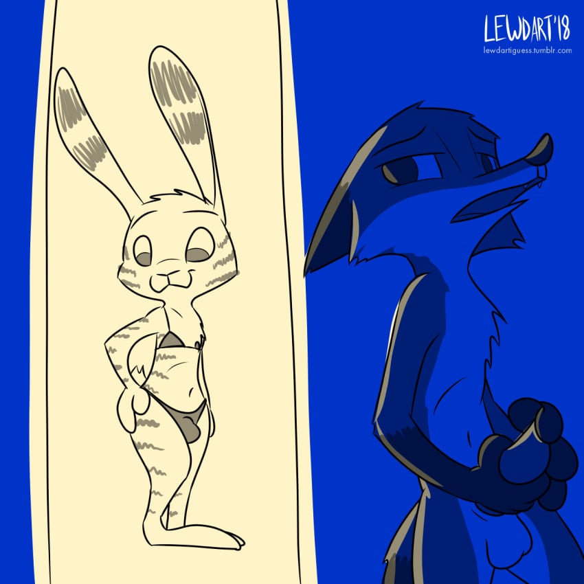 2018 anthro balls bikini bulge canine cheek_tuft chest_tuft crossdressing dipstick_tail disney duo ear_markings erection facial_markings fanartiguess fangs fox fur fur_markings gay gloves_(marking) hand_on_hip jack_savage lagomorph male male_only mammal markings masturbation multicolored_tail navel nick_wilde nude open_mouth penile_masturbation rabbit restricted_palette signature skimpy standing striped_fur stripes swimsuit text tuft url voyeur yaoi zootopia