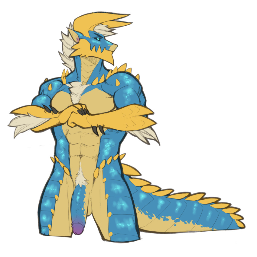 2015 anthro balls blue_eyes blue_scales capcom claws fanged_wyvern fangs flaccid flexing fur hair looking_at_viewer male male_only mammal monster_hunter muscles nude penis plain_background pose solo spearfrost standing video_games white_background zinogre