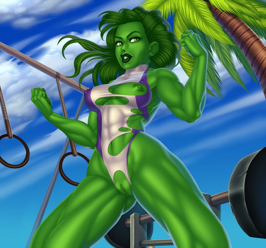 1girls alternate_version_available avengers big_breasts breasts erect_nipples female female_only green_eyes green_hair green_skin hulk_(series) leotard maplemoon marvel marvel_comics muscles muscular muscular_female nipples pussy she-hulk solo torn_clothes torn_clothing torn_leotard weights