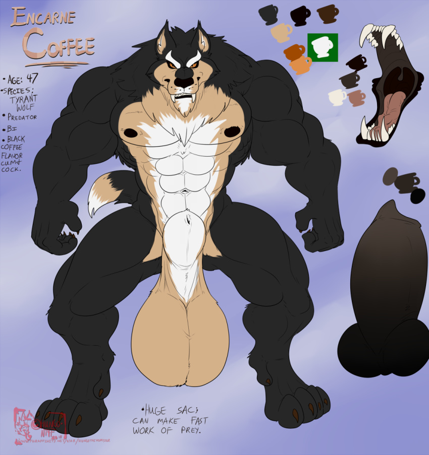 2018 4_toes 5_fingers abs animal_genitalia animal_penis anthro anthro_only balls biceps big_balls big_penis black_fur black_hair black_nose black_penis black_skin blue_background body_hair canine canine_penis chest_hair digitigrade encarne_coffee english_text erection fully_sheathed fur furry hair huge_balls hungothenomster knot male male_focus male_only male_solo mammal mane model_sheet multicolored_fur multicolored_skin muscular muscular_male muscular_thighs neck_tuft nipples no_humans nude orange_eyes penis sagging_balls sharp_teeth sheath simple_background solo solo_male standing tan_fur tan_skin teeth text thick_penis toes tongue tuft vein were werewolf white_fur white_skin