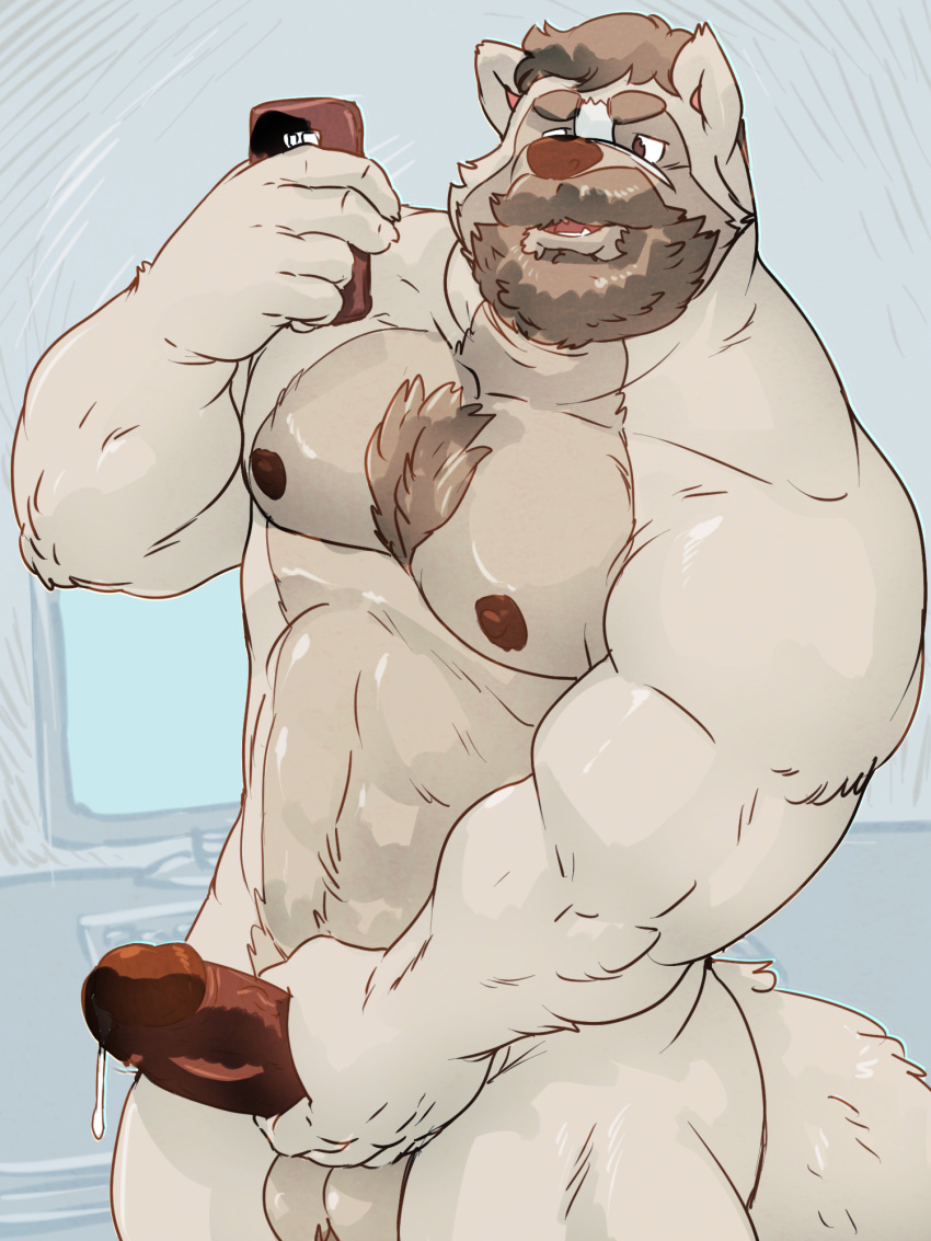2018 5_fingers abs anthro ball_hair balls beard biceps body_hair brown_hair canine cellphone chest_hair computer erection eyebrows facial_hair hair hand_on_penis humanoid_penis male male_only mammal markwulfgar moustache muscular muscular_male nipples pecs penis phone pose precum selfie solo thick_eyebrows