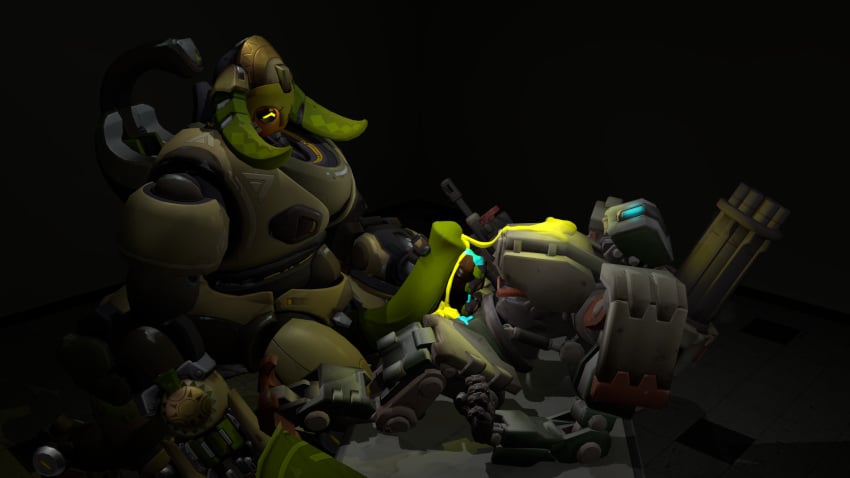 3d bastion_(overwatch) big_dom_small_sub blizzard_entertainment cum cum_on_chest cum_on_hand cum_on_penis cum_on_self dickgirl domination frottage futanari glowing_cum hand_on_penis intersex large_penis larger_intersex living_machine omnic orisa overwatch robot rtsfm size_difference wince