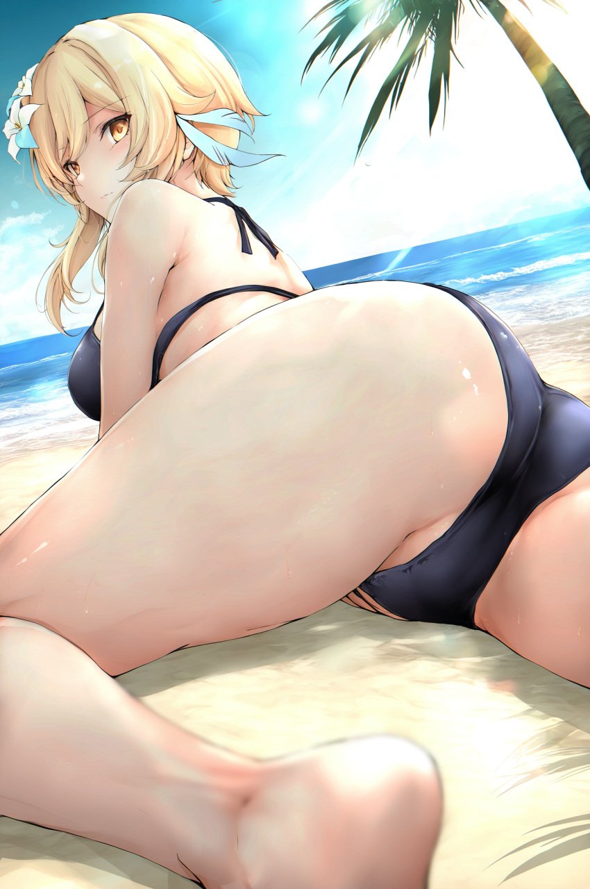 absurd_res ai_generated back bikini bikini_bottom bikini_top genshin_impact laying_on_stomach legs lumine_(genshin_impact) ministro