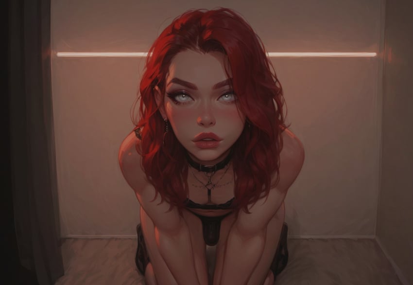 ai_generated bedroom blindparty civitai crossdressing femboy inside lingerie male_only partially_clothed_femboy penis red_hair silver_eyes solo trap