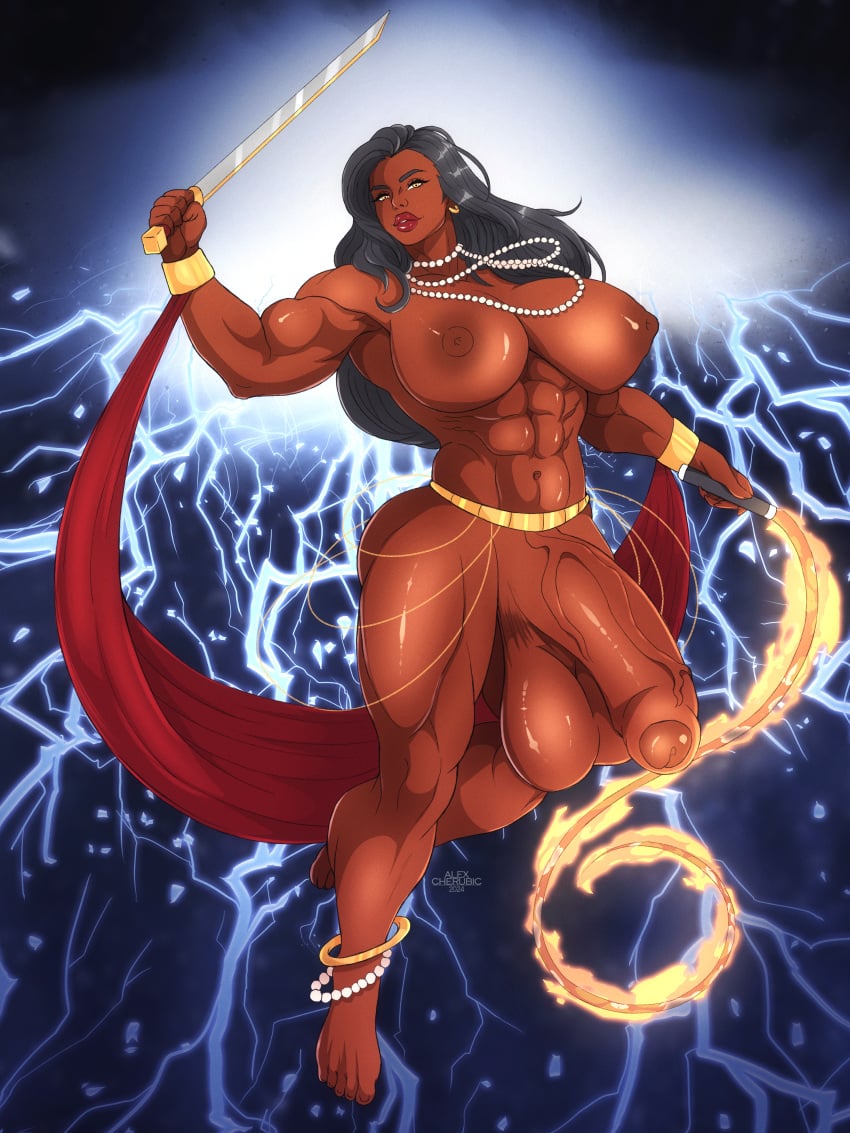 1futa abs alexcherubic big_balls big_breasts big_penis black_hair brown_skin commission foreskin futa_only futanari jewerly long_hair muscle muscles muscular_futanari penis sword veiny_penis whip