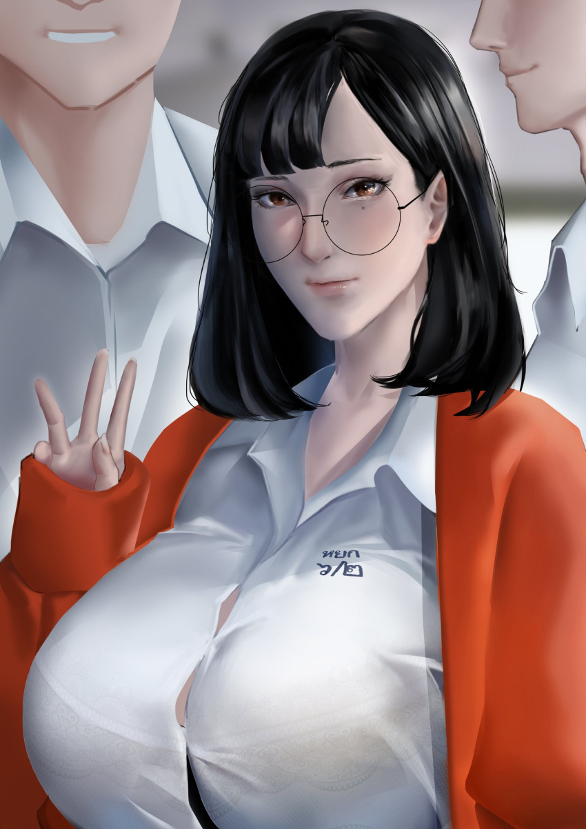 1girls 2boys 2d big_breasts black_hair breasts female glasses huge_boobs huge_breasts jade_(kulfodo) kulfodo looking_at_viewer male men name_tag