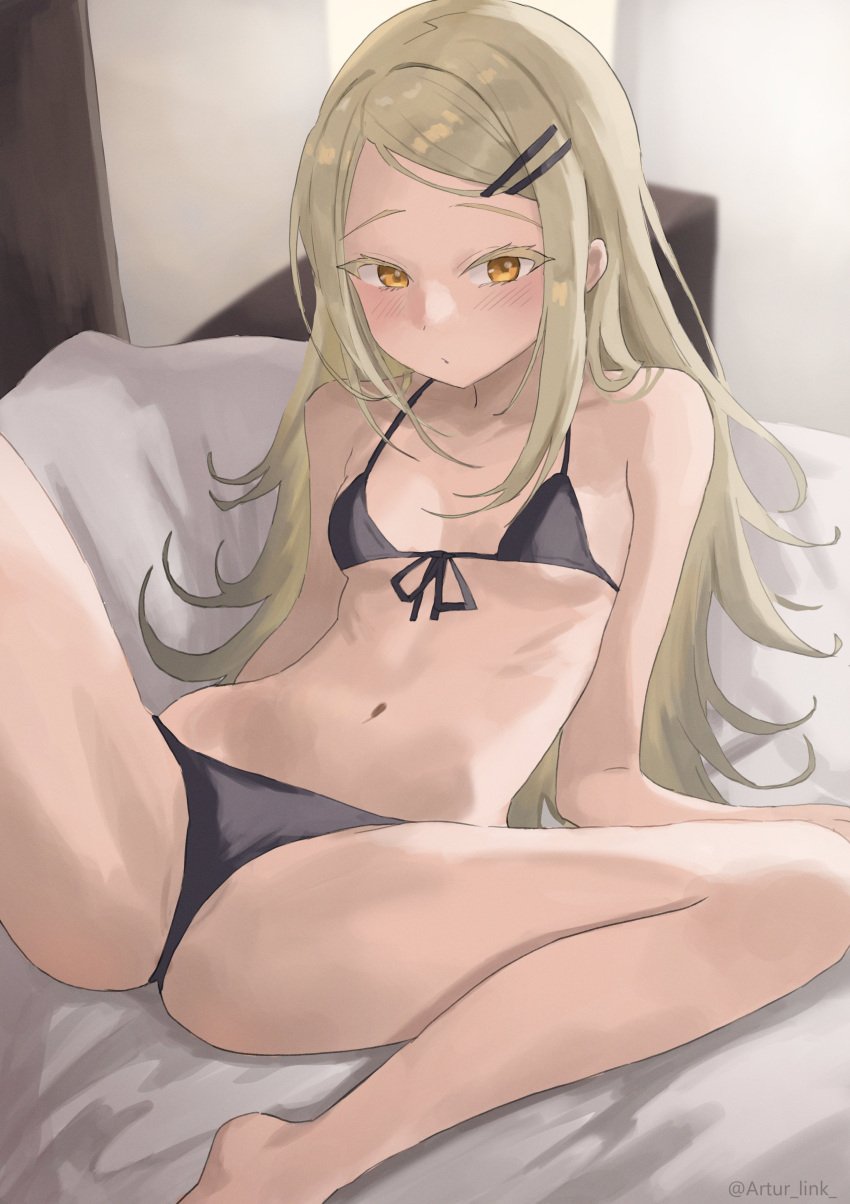 1girl artur_link bedroom black_bikini blush expressionless gakuen_idolmaster hand_on_leg idolmaster indoors on_bed petite ribs shinosawa_hiro skinny skinny_girl small_breasts solo spread_legs vulva_line
