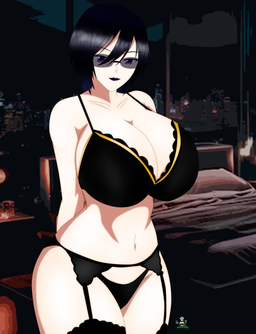 1girls akinama_family_(noir-black-shooter) big_breasts dark_blue_hair huge_breasts lingerie lingerie_only milf naoki_akinama_(noir-black-shooter) noir-black-shooter oc original original_character purple_eyes short_hair teacher