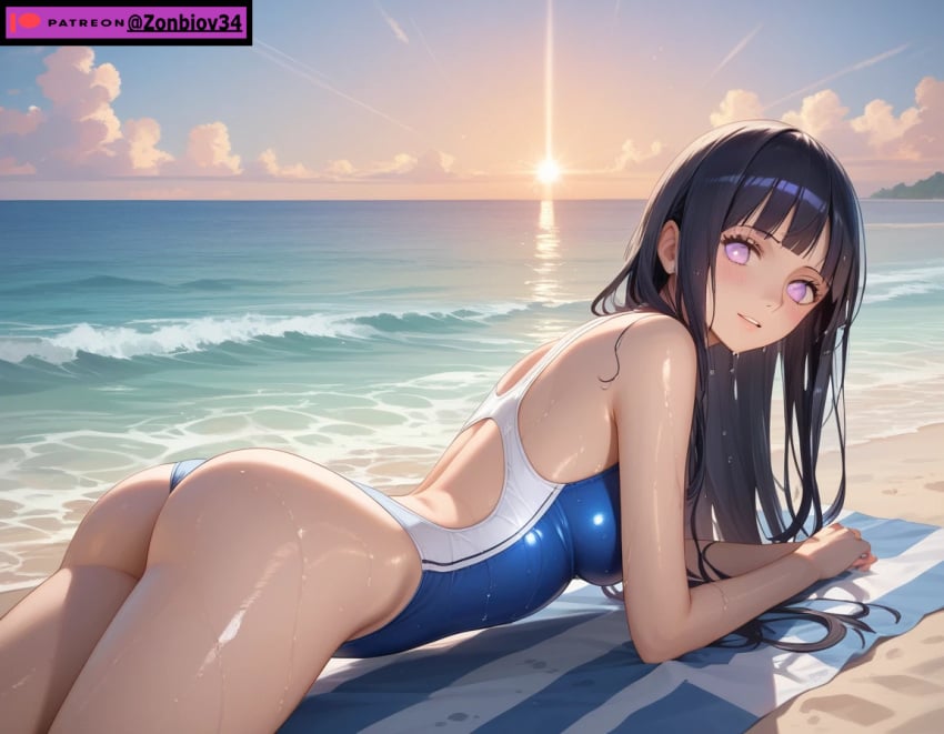 ai_generated anus_exposed beach beach_towel blonde_female blonde_hair blonde_hair_female exposed_ass hair_over_one_eye hyuuga_hinata naruto naruto_(series) ponytail presenting_hindquarters presenting_pussy pussy_exposed ripped_clothing ripped_pants ripped_swimsuit seaside short_hair swimsuit tagme zonbiov34