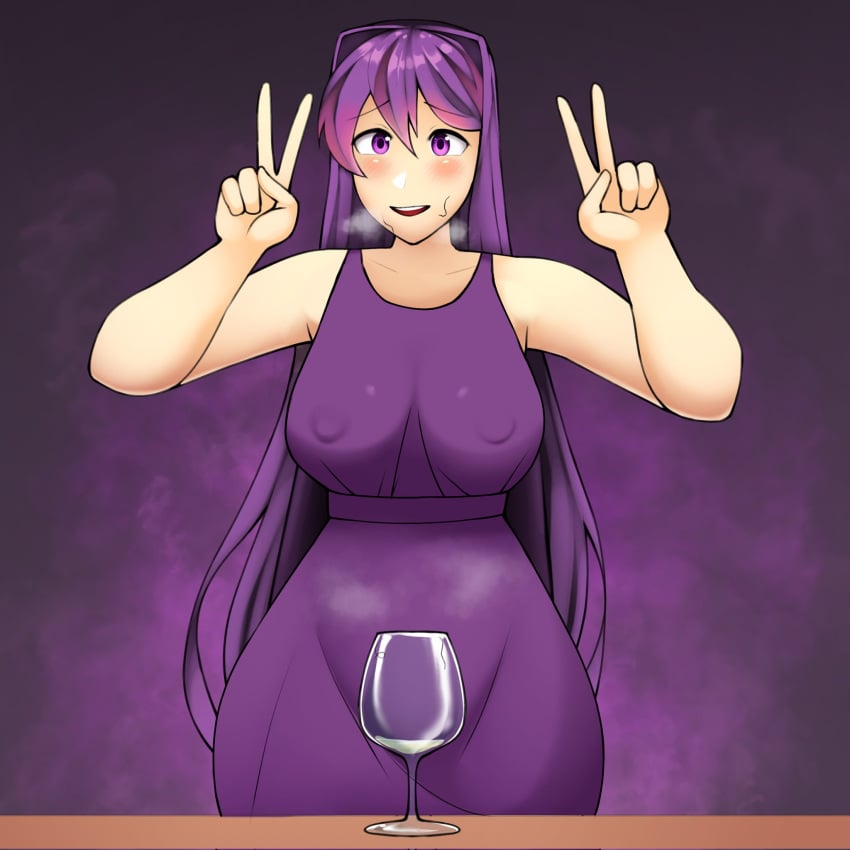 1girls consume_the_cum_chalice doki_doki_literature_club dress drinking_cum nipple_bulge peace_sign steam triplestabber wine_glass yuri_(doki_doki_literature_club)