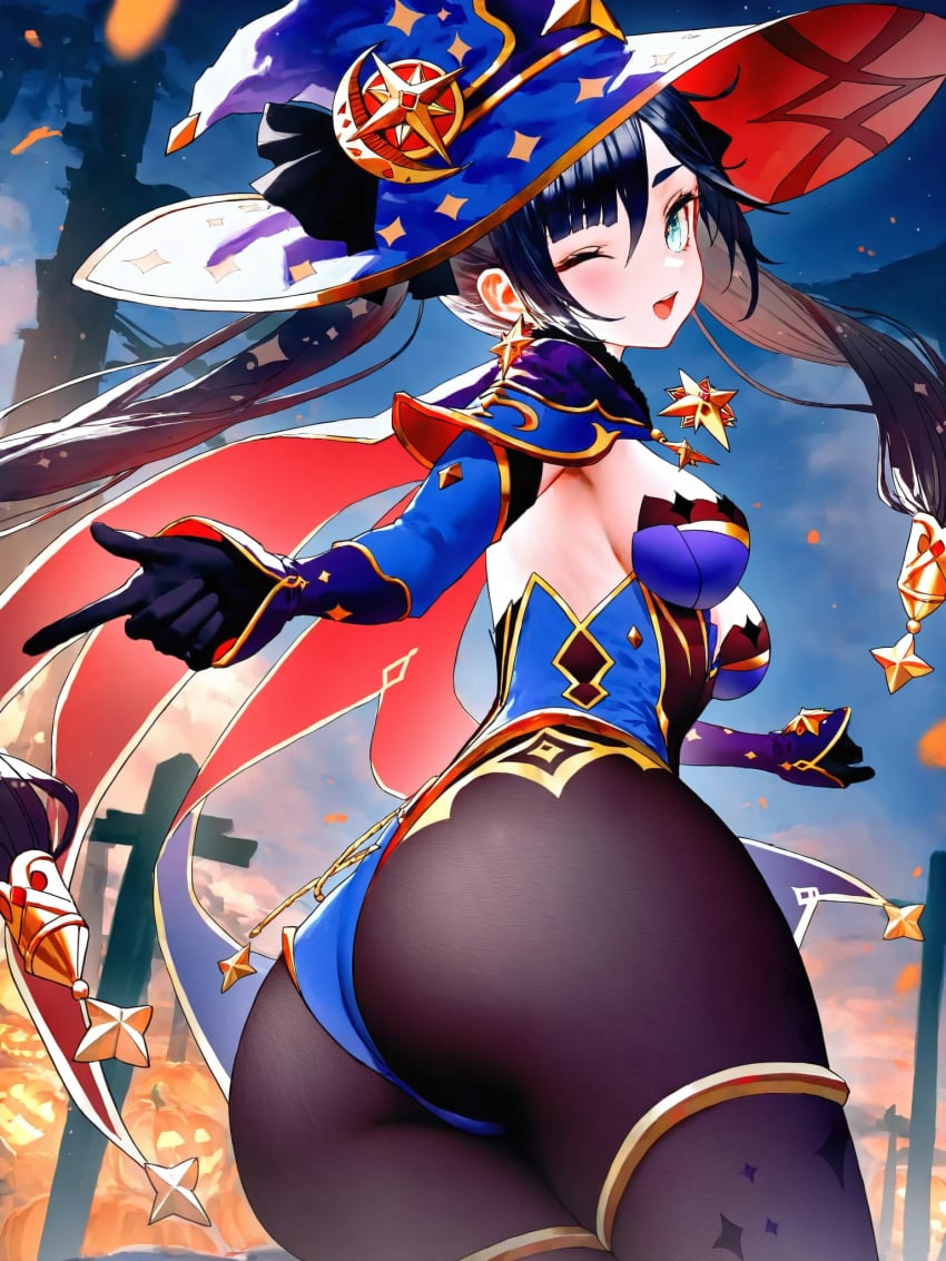 absurd_res ai_generated alternate_costume ass ass_focus genshin_impact halloween medium_breasts ministro mona_(genshin_impact) night witch_costume witch_hat