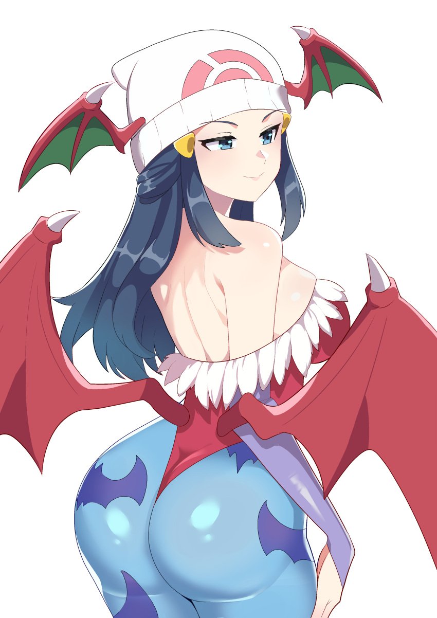 bat_wings blue_eyes blue_hair breasts bridal_gauntlets capcom cosplay creatures_(company) crossover darkstalkers dawn_(pokemon) female game_freak hat huge_ass large_ass large_breasts leotard lilith_aensland lilith_aensland_(cosplay) long_hair nintendo pantyhose pokemon pokemon_(game) pokemon_dppt skin_tight solo tagme the_pokemon_company thighs vampire_(game) wings