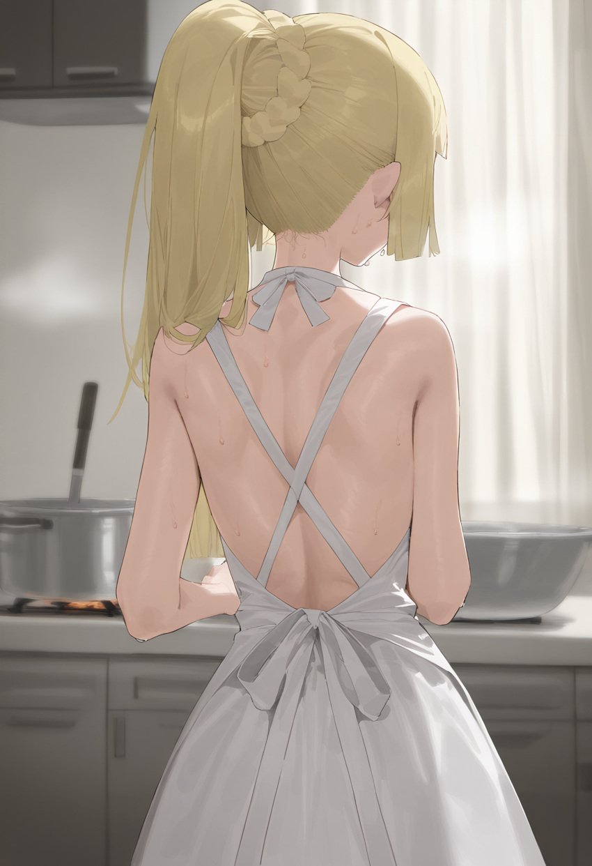 1girls apron bare_back blonde_hair from_behind hitsuki_sub kitchen lillie_(pokemon) pokemon pokemon_sm