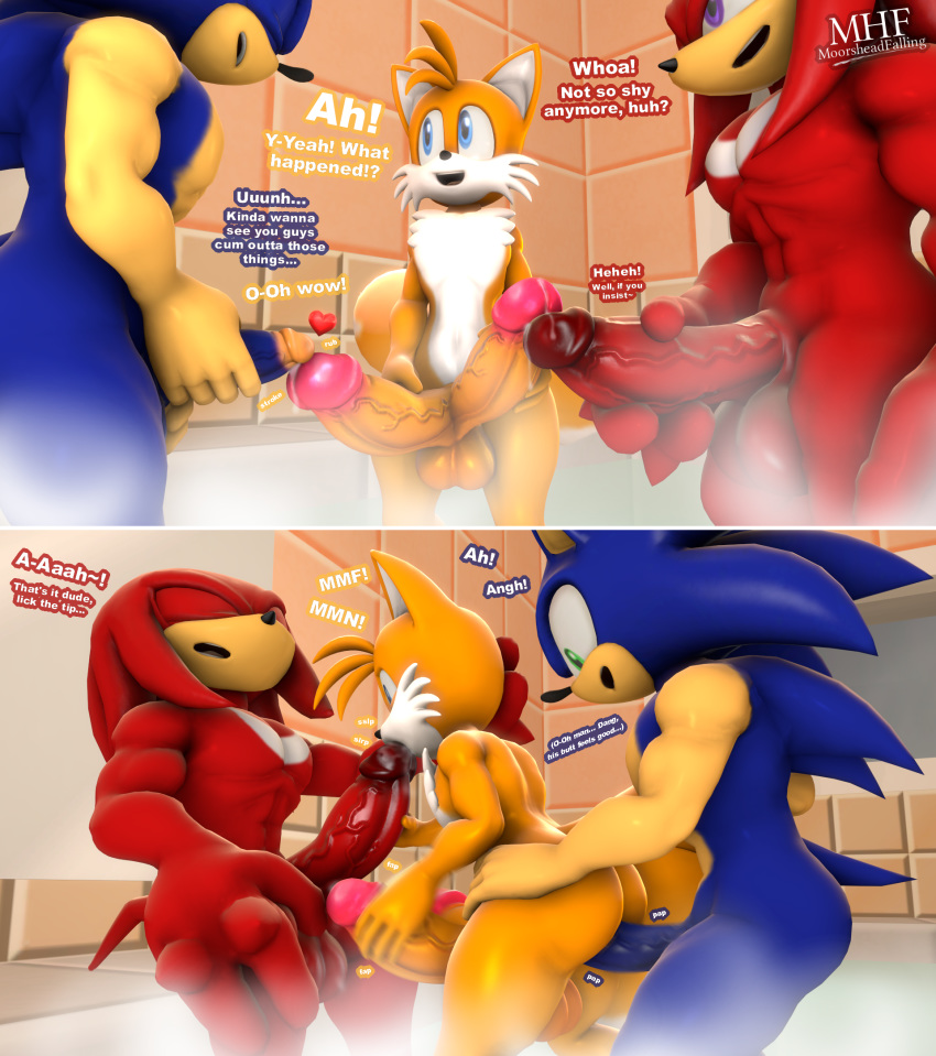 3d aged_up anal anal_sex anthro ass balls big_penis circumcised comic dialogue diphallia diphallism erection fellatio frottage gay group group_sex knuckles_the_echidna male moorsheadfalling multi_penis oral penetration penis precum sex sonic_(series) sonic_the_hedgehog source_filmmaker tails team_sonic text