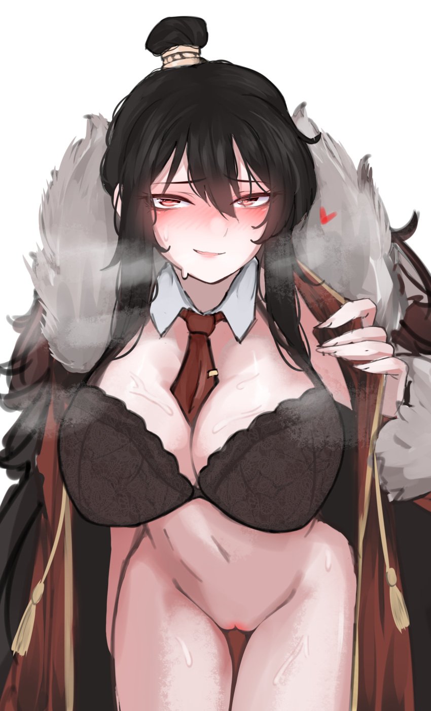 0ha 1girls big_breasts black_hair blush bottomless bra cape embarrassed heart library_of_ruina long_hair looking_at_viewer open_clothes partially_clothed pov presenting project_moon pussy red_eyes smile solo standing sweat thick_thighs tie xiao_(library_of_ruina)