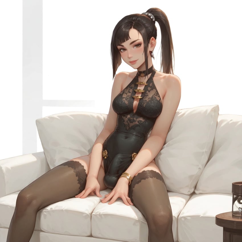 ai_generated athletic_futanari big_breasts black_hair blindparty civitai dickgirl eve_(stellar_blade) futanari inside lingerie living_room penis ready sitting solo stellar_blade