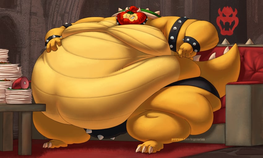 1boy anthro beard belly big_belly big_body bigstories bowser bulge double_chin fat fat_arms fat_ass fat_butt fat_cheeks fat_face fat_legs fat_male fat_man fat_tail fat_thighs fat_tits fit_to_fat food green_shell grinning hand_on_belly love_handle love_handles male male_only mario_(series) moobs morbidly_obese morbidly_obese_anthro morbidly_obese_male nintendo obese obese_anthro obese_male overweight overweight_anthro overweight_male plates red_beard red_hair scales silver_stag sitting solo solo_male speedo spiked_armband spiked_bracelet spiked_collar spikes tail thick_ass thick_thighs tight_clothes tight_speedo toothy_grin weight_gain yellow_scales