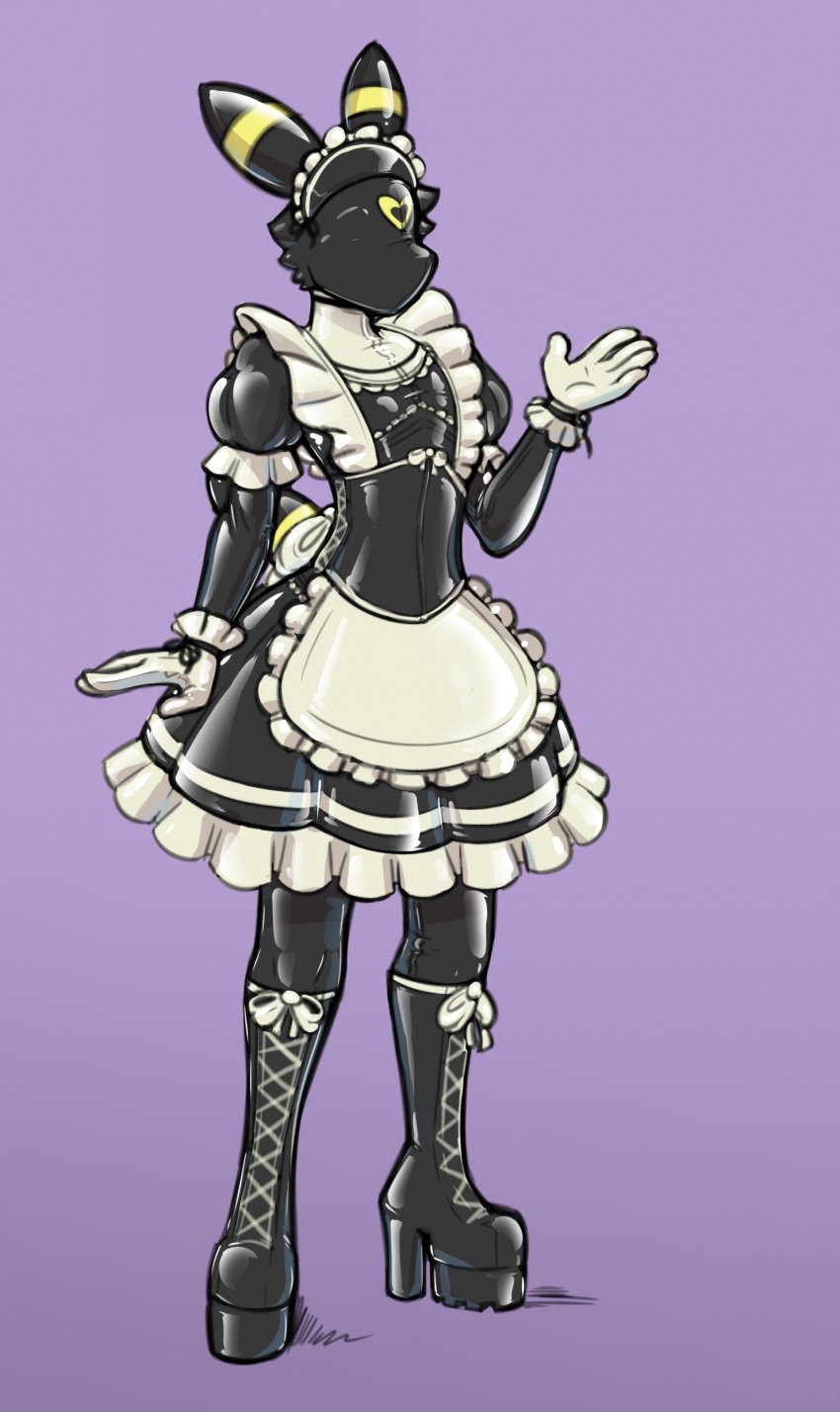 anthro corset faceless faceless_ambiguous faceless_anthro faceless_character helixjack latex maid maid_apron maid_dress maid_headdress maid_outfit maid_uniform nintendo platform_boots platform_footwear platform_heels platform_shoes pokemon pokemon_(species) rubber umbreon