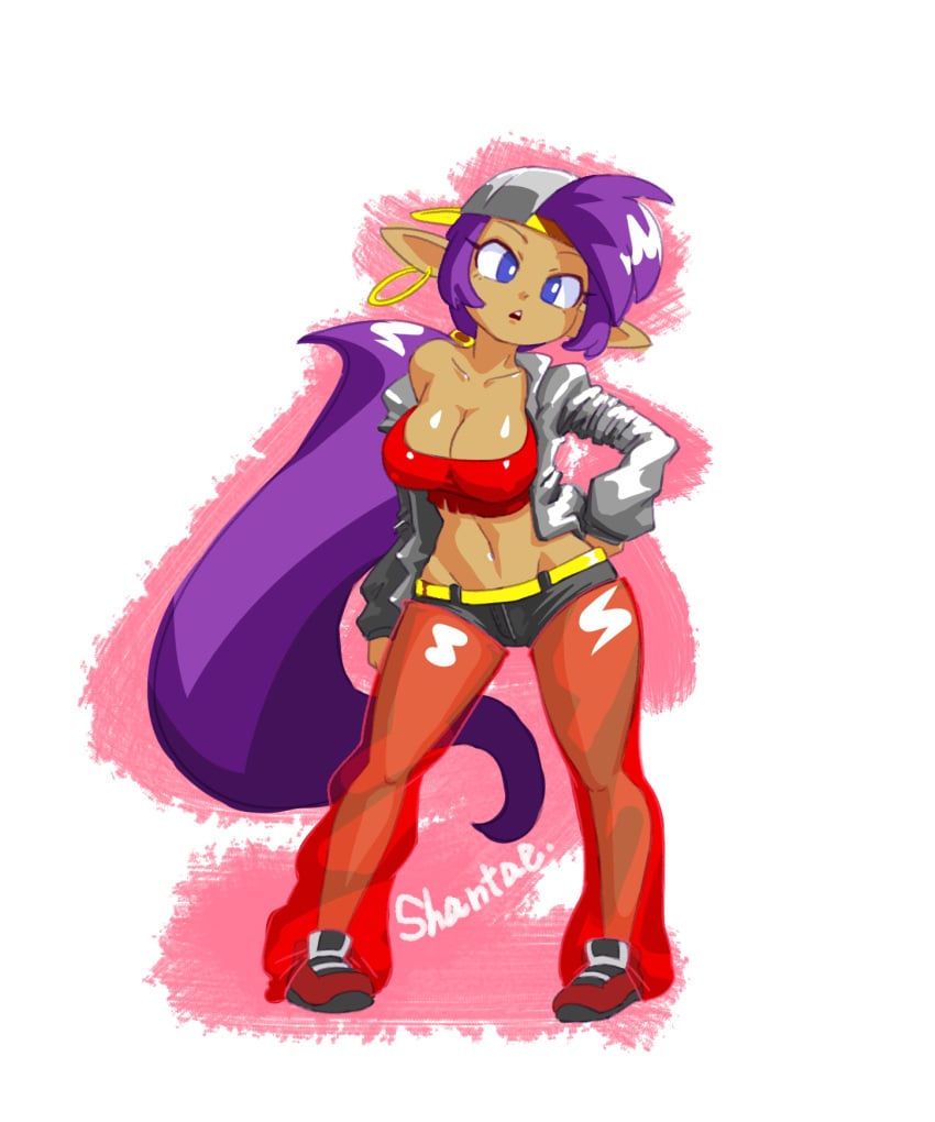 1girls backwards_hat bandana bandeau baseball_cap blue_eyes bottomwear breasts cleavage clothing cosplay dark-skinned_female dark_skin earrings female footwear hair hand_on_hip hat hoop_earrings jacket jewelry large_breasts long_hair midriff minus8 navel off_shoulder open_jacket pantyhose ponytail purple_hair red_footwear shantae shantae_(character) shantae_(series) shoes short_shorts shorts sneakers solo standing strapless topwear urban very_long_hair