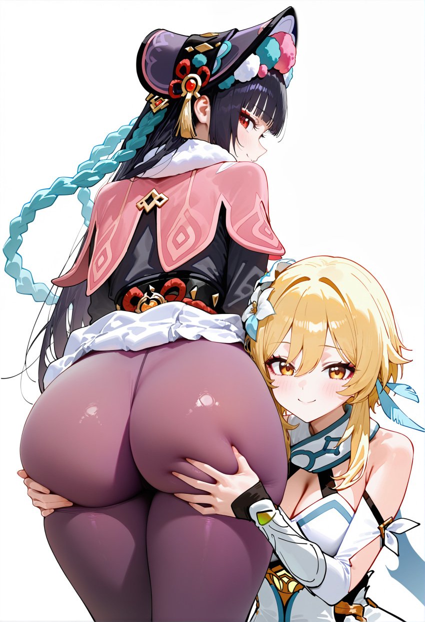 2girls ai_generated ass ass_focus ass_grab ass_support bare_shoulders blonde_hair blue_hair braid breasts capelet deep_skin female_face_near_ass from_behind genshin_impact hair_feathers hair_flower head_on_ass headdress huge_ass long_hair looking_at_viewer looking_back looking_behind lumine_(genshin_impact) mako16 medium_breasts multicolored_hair orange_eyes pantyhose purple_hair red_eyes shiny shiny_clothes shiny_hair shiny_pantyhose shiny_skin short_hair_with_long_locks smile twin_braids very_long_hair yun_jin_(genshin_impact)