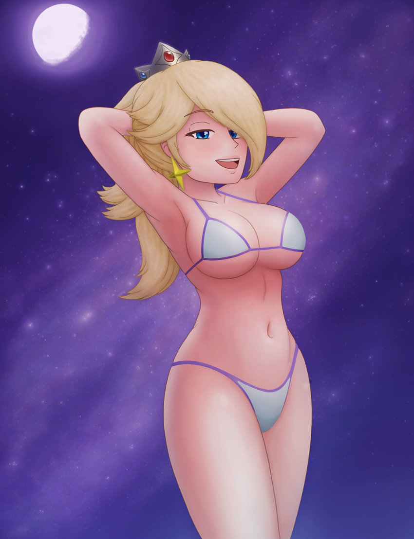 1girls armpits arms_up big_ass big_breasts bikini blonde_hair blue_eyes breasts cleavage crown earrings female female_only hair_over_one_eye human long_hair looking_at_viewer mario_(series) moon moonlight night nintendo princess princess_rosalina purple_background revealing_clothes saf-404 safartwoks safartworks skimpy_clothes smile solo space standing star_earrings super_mario_galaxy thick_thighs thin_waist thong thong_bikini underboob wide_hips