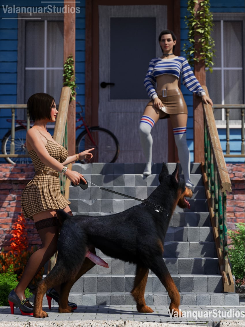 3d animal_penis athletic_female beautiful canine canine_genitalia canine_penis clothed_female dog dress female female_focus horny_female house inviting inviting_to_sex leash leash_and_collar male neighbor oc on_porch outdoors outside penis petite_body petite_female public realistic realistic_textures sexually_suggestive street two_girls valanquarstudios walking younger_female