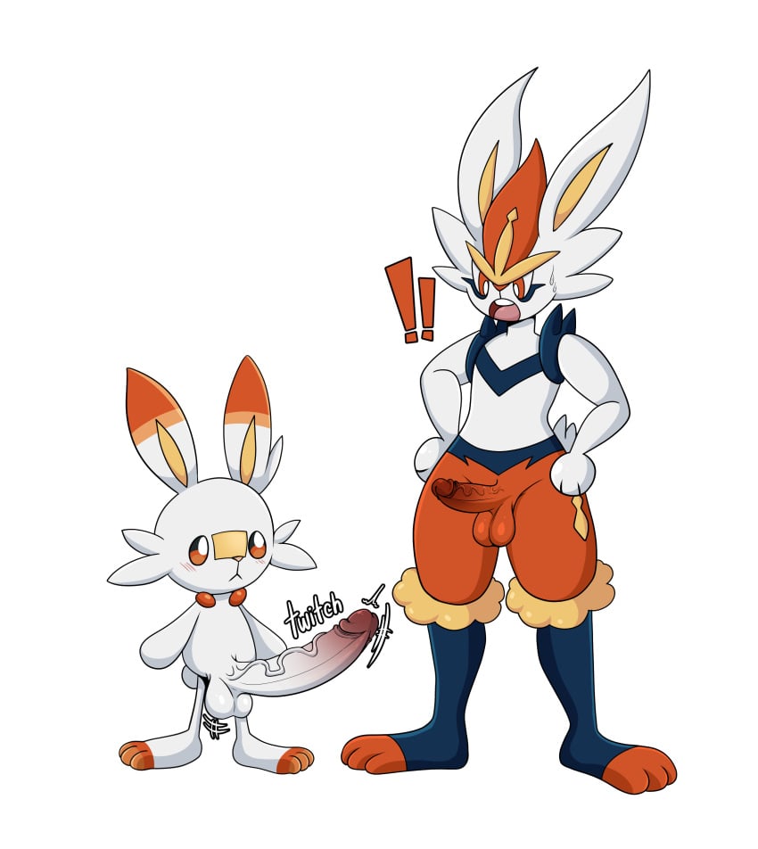 absurd_res anthro balls big_penis biped cinderace duo erection generation_8_pokemon genitals glans hi_res huge_cock humanoid_genitalia humanoid_penis lagomorph male male/male mammal ninotrash nintendo penis penis_size_difference pokemon pokemon_(species) scorbunny simple_background small_but_hung small_penis small_penis_humiliation vein veiny_penis white_background