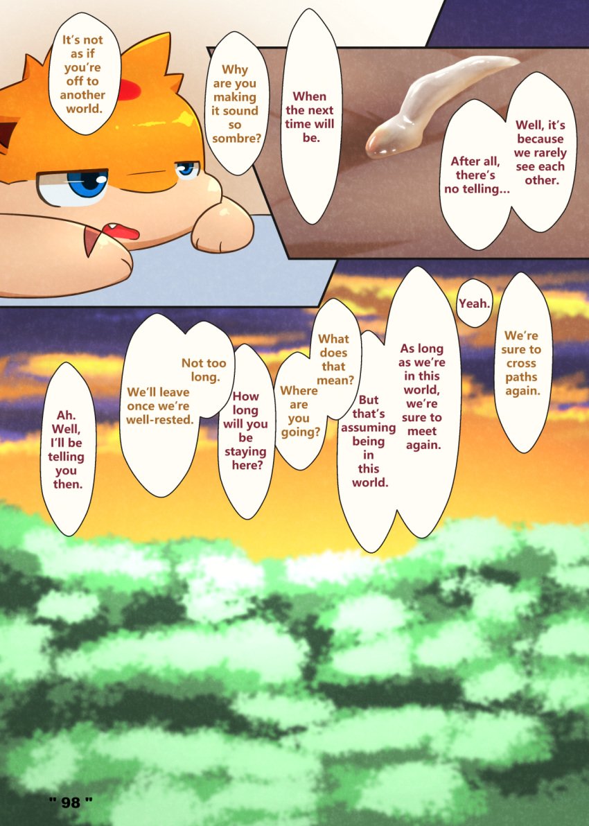 bodily_fluids comic darrow0 duo english_text forest generation_2_pokemon generation_5_pokemon genital_fluids hi_res krookodile male mo_(darrow) nintendo plant pokemon pokemon_(species) precum quilava speech_bubble text tree yuel